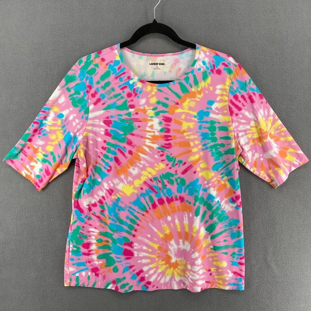 Lands‎ End Pink Tie Dye Rash Guard Kids L 14-16 Short Sleeve Pullover Swim Top